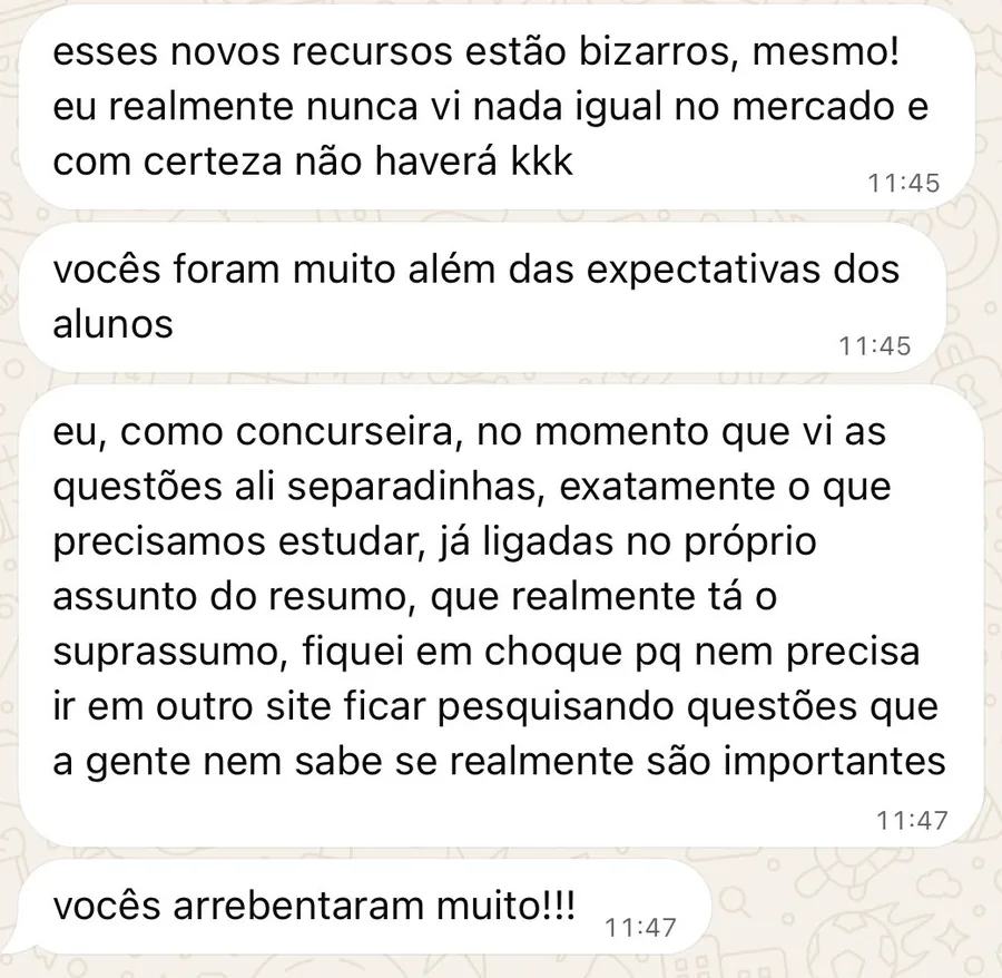 Mensagens de aluna: os novos recursos nunca foram vistos igual no mercado, foram muito além das expectativas, e as questões já ligadas ao assunto do resumo dispensam procurar em outro site.